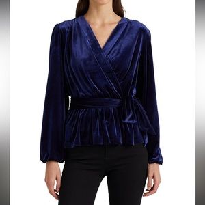 Lauren Ralph Lauren Velvet Peplum Surplice V-Neck Long Blouson Sleeve